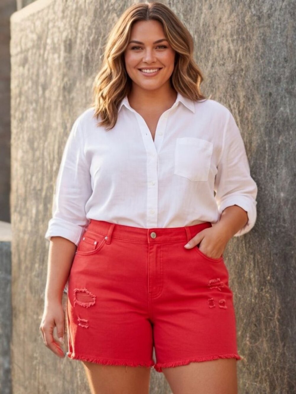 Candace Cameron Bure High Rise Denim Shorts Raw Hem Jeans Distressed Plus Size